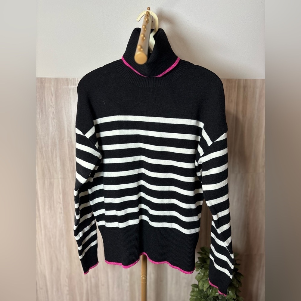 Nicole Miller Black and White Striped Sweater with Pink Highlights